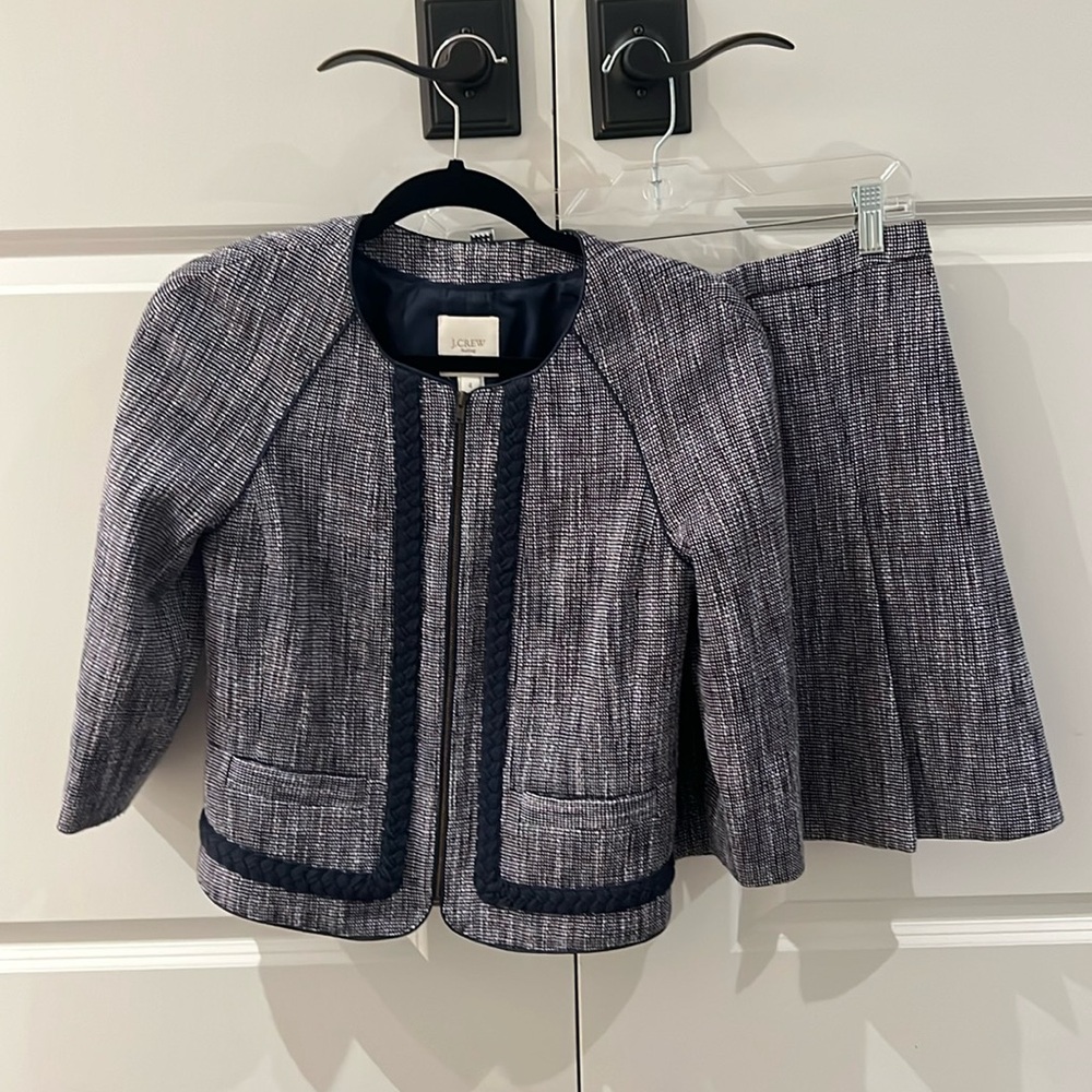 Jcrew navy blue tweed blazer skirt suit set 2 4